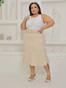 Plus Size Midi Skirt Moda Evangelica - Màu be - Xem 4