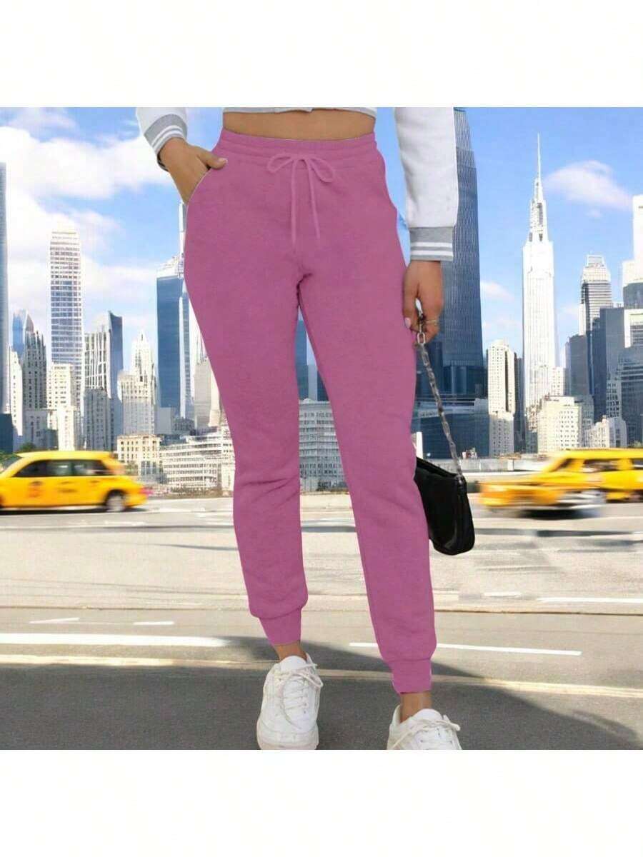 CASUAL SPORTS PANTS PLAIN FLEECE FOR YOUNG WOMEN WITH F-1 DRAWSTRING - Pink - View 1