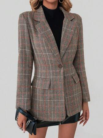 Color Block Plaid Lapel Single Breasted Women Blazer Jacket