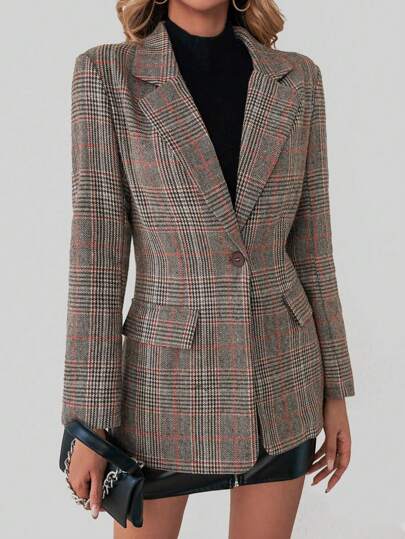 Color Block Plaid Lapel Single Breasted Women Blazer Jacket