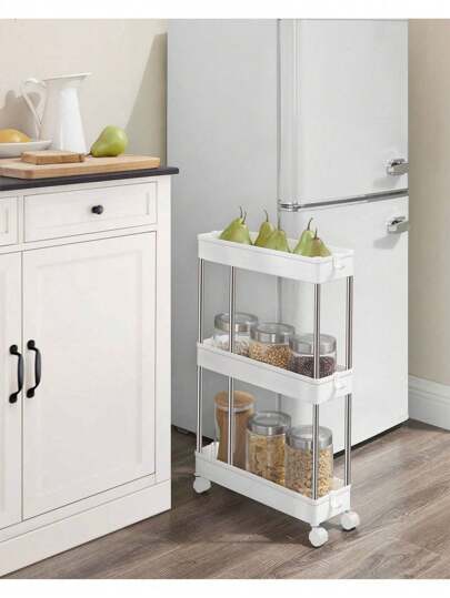 SONGMICS 3-Tier Storage Trolley, Rolling Cart With Wheels, Space-Saving Kitchen Trolley In Office Bathroom, 14.4 X 42 X 60.6 Cm, Cloud White