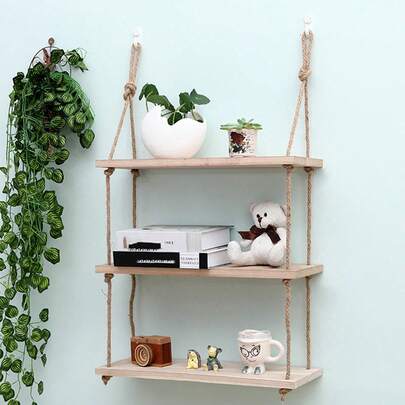 1pc Wall Hanging Decorative Rope Shelf, No Drill Needed, Macrame Rope Bookshelf, Wooden Wall Display Rack, Wall Mounted Storage Shelf, Living Room Wall Decor RackRoom Decor