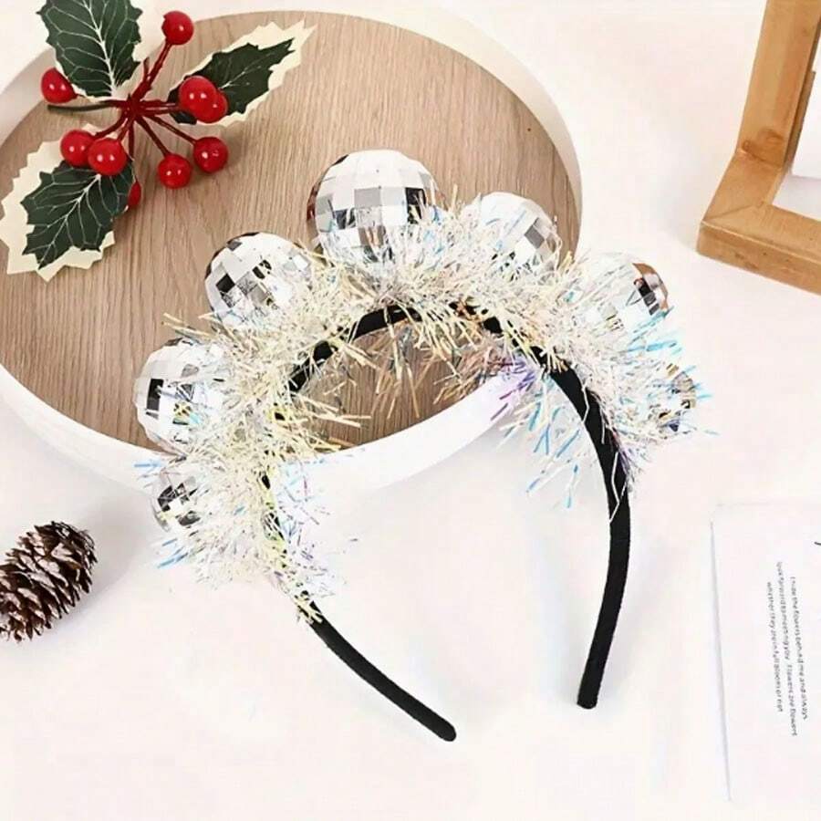 1 Băng đô hình quả bóng disco sáng tạo, Phụ kiện đầu hình cầu lấp lánh, Thích hợp cho trang phục dự tiệc Giáng sinh năm mới - Bạc - Xem 1