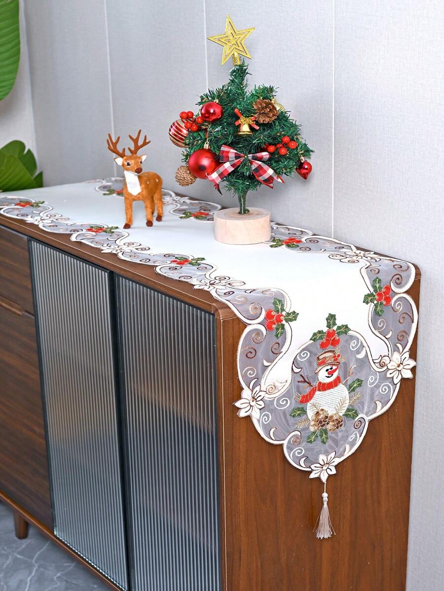 1 chiếc khăn trải bàn hình người tuyết Giáng sinh, vải satin polyester Châu Âu thêu sợi dài, khăn trải bàn ren rỗng hòa tan trong nước, thích hợp cho phòng khách, phòng ngủ, bàn ăn, tủ tivi, tủ ăn, tủ Five Dou, v.v. - Màu be - Xem 1