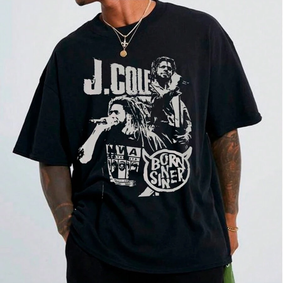 Cole's World J Cole Vintage T-Shirt Shirt Blouse Unisex Men Women 100% Cotton Top Premium Streetwear New Release Fast Shipping Various Colors!! Plus Size - 黑色 - 查看 1