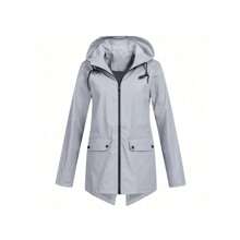 女士雨衣外套时尚纯色防风防水连帽夹克户外登山夹克女式轻便雨衣 - 灰色的 - 查看 8
