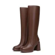 Black Knee High Boots For Women Platform Tall Boots Fashion Square Toe Chunky Heeled Booties - màu nâu - Xem 5