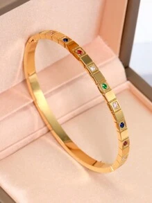 Bracelet rigide élégant plaqué or 18 carats en acier inoxydable avec cubic zirconia colorés, bijou pour femmes, style européen et américain, convient pour les occasions décontractées, les fêtes, les vacances, mariage, cadeau