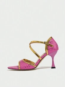 女士优雅露趾高跟凉鞋，蛇皮图案，金属亮面，性感露背设计，适合夜店和户外穿着，玫瑰红色，春秋季 - 玫紅色 - 查看 2