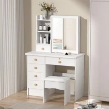 Vanity Desk With Sliding Mirror, Bedroom Dressing Table, Makeup Desk With 6 Drawers, Open Shelves, Hidden Storage Space - White - View 4