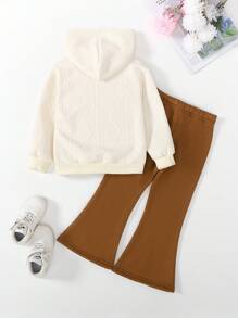 2 pièces Ensemble Jeune Fille Casual Sports Tricot Texturé Impression Lettre sweat-shirt à capuche Manches Longues et Pantalon Évasé unicolore, Automne/Hiver