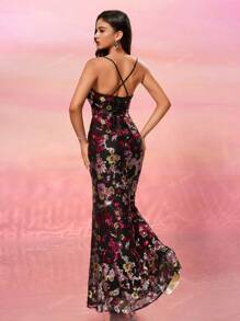 Elegant Long Dress With Sequin Embroidery, Backless Tied Design Slit, Party, Banquet & Formal Event Gown