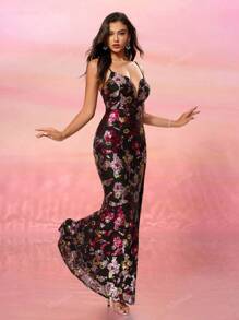 Elegant Long Dress With Sequin Embroidery, Backless Tied Design Slit, Party, Banquet & Formal Event Gown