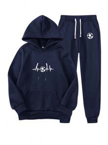 2 件套男士春秋连帽衫和裤子套装，常规版型图案印花休闲运动服，袋鼠口袋，抽绳腰部宽松裤 - 寶藍色 - 查看 1