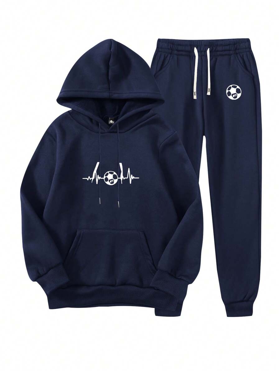 2 件套男士春秋连帽衫和裤子套装，常规版型图案印花休闲运动服，袋鼠口袋，抽绳腰部宽松裤 - 寶藍色 - 查看 1