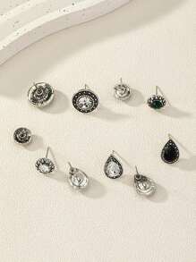 5 对复古风格仿旧波西米亚圆形和水滴形水晶合金耳钉套装，节日和日常使用 - 復古銀色 - 查看 3