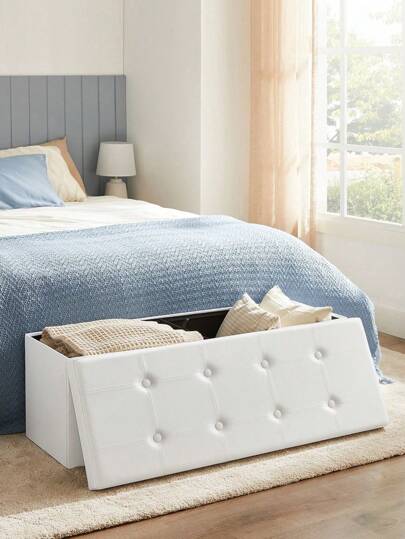  SONGMICS Storage Ottoman, Foldable Small Ottoman Foot Rest, 38 X 110 X 38 Cm, Cube Ottoman With Storage, Load Up To 300 Kg, For Living Room, Bedroom, Entryway, Cloud White