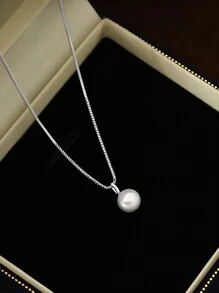 1pc S925 Sterling Silver Simple Elegant Pearl Necklace For Women, Delicate, Chic, Small Collarbones Chain, Great Gift