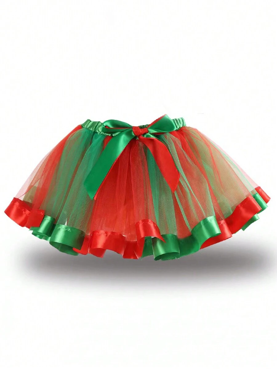 Falda tutú con fondo rojo y tul verde para niña preadolescente, falda para baile escénico - Multicolor - Ver 1