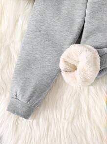 Conjunto de Moletom com Capuz e Calça Esportiva com Estampa de Letras para Inverno Quente para Meninas - Cinza - Visão 6