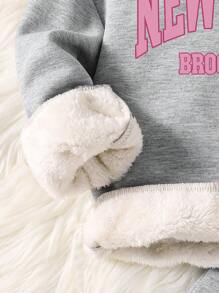 Conjunto de Moletom com Capuz e Calça Esportiva com Estampa de Letras para Inverno Quente para Meninas - Cinza - Visão 4