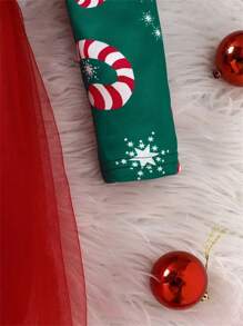 女孩冬季圣诞派对公主裙，带网眼下摆和衬里，节日趣味长袖圣诞裙，带缎带腰带，派对礼物 - 綠色 - 查看 5