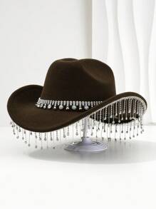 1 pièce Chapeau de cowboy unique et élégant unisexe avec une chaîne de chapeau ronde colorée, une décoration à franges. Esthétique chic, convient pour les événements à thème occidental, les fêtes, les fiançailles, les soirées costumées, les remises de diplômes, les festivals de musique et plus encore