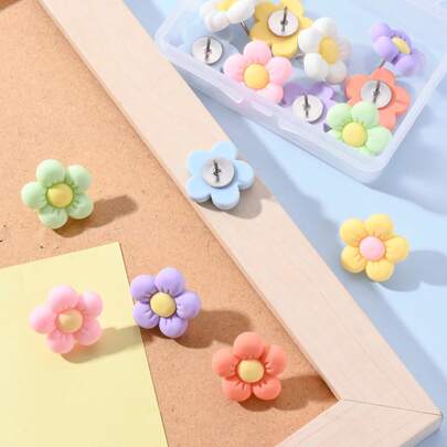 15pcs/30pcs Candy Color Flower Wall Pin/Push Pins, Cartoon Decorative Tacks For Office, School, Cute Back To School,Back To School,School Supplies