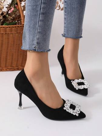 Elegant Suede High Heel Shoes For Women, Black, Professional Stiletto, New Design, Rhinestone Pointy Toe Low Heel Pumps Valentines