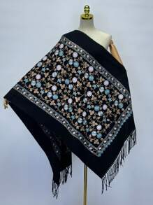 1 chiếc khăn choàng tua rua thêu hoa thanh lịch dành cho nữ, khăn choàng ấm áp hợp thời trang cho mùa thu/đông - Nhiều màu - Xem 3