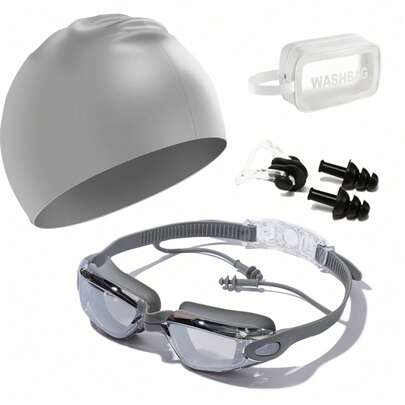 Elektropläterade simglasögon för vuxna, HD anti-imma och vattentät lins, med näsklämma och öronproppar, UV-skydd, perfekt för träning, simbassänger eller stränder, strandtillbehör, badmattor