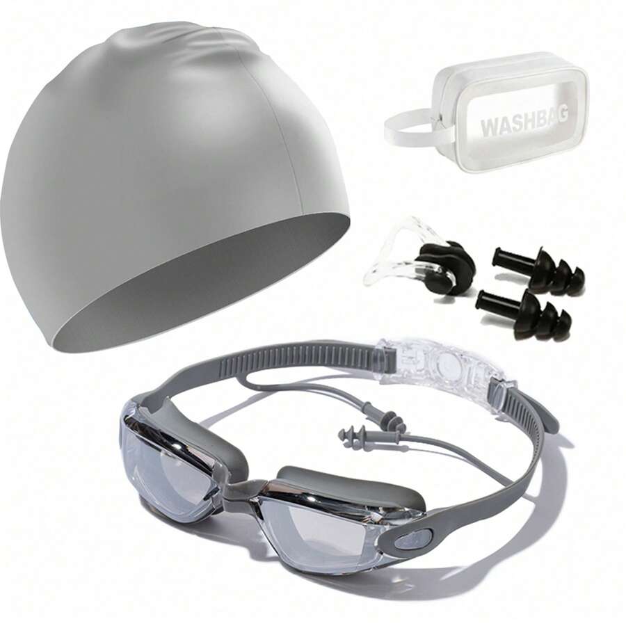 Electroplated Adult Swimming Goggles Set, HD Anti-Fog & Waterproof Lens, With Nose Clip & Earplugs, UV Protection, Ideal For Training, Swimming Pools Or Beaches, Beach Essentials, Beach Accessories, Pool Float