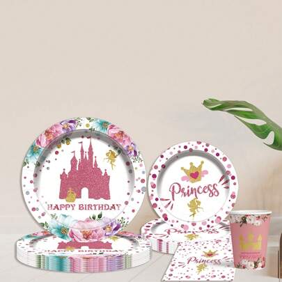 80pcs/Set Pink Castle Design, Birthday Party Theme Disposable Party Tableware Set, Fairy Princess Pattern Birthday Party Disposable Tableware, 9-Inch & 7-Inch Disposable Paper Plates, Dessert Plates, Cups And Napkins