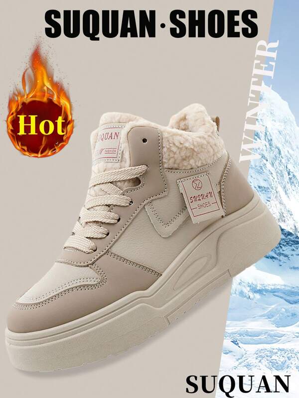 1pair Women's Warm Casual Sneakers, New Arrival 2024 Autumn/Winter, Warm Thick Bottom Color Block Student Platform Simple Trainers