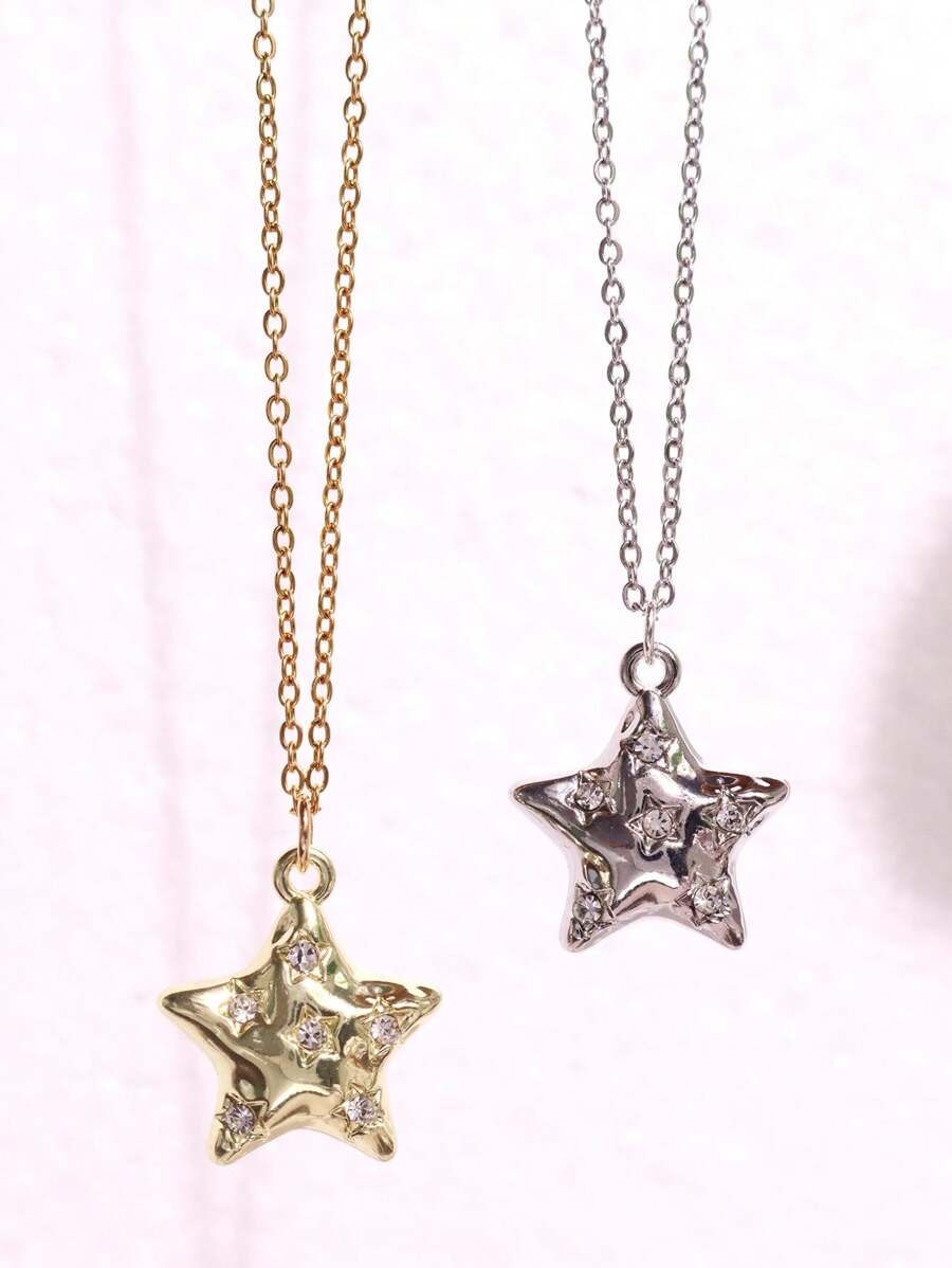 1 件点状锆石星形吊坠不锈钢蛇链项链男女复古简约项链 Y2K 珠宝配饰 - 彩色 - 查看 1