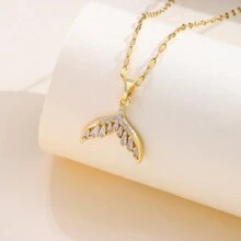 1 件 18K 镀金闪亮锆石嵌入式奢华个性鱼尾吊坠项链，时尚钛钢颈链项链女士珠宝 - 金色 - 查看 4