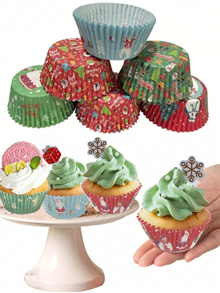 圣诞烘焙杯、纸杯蛋糕衬垫、不粘、耐热、节日圣诞蛋糕杯 - 适合烘焙节日小吃 - 彩色 - 查看 1