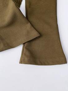 Bộ 2 món/Bộ đồ liền thân lưới hình tổ ong màu trơn đơn giản cho bé gái có viền áo dài tay bất đối xứng cho mùa xuân và mùa thu - Màu Khaki - Xem 7