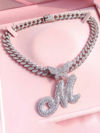 Silvery Women Necklaces - A-Z Initial Butterfly Pendant Necklace & Bracelet Set, Personalized Cuban Link Jewelry For Women, Featuring Name Or Lucky Letters, Fashion Gift For Special Occasions