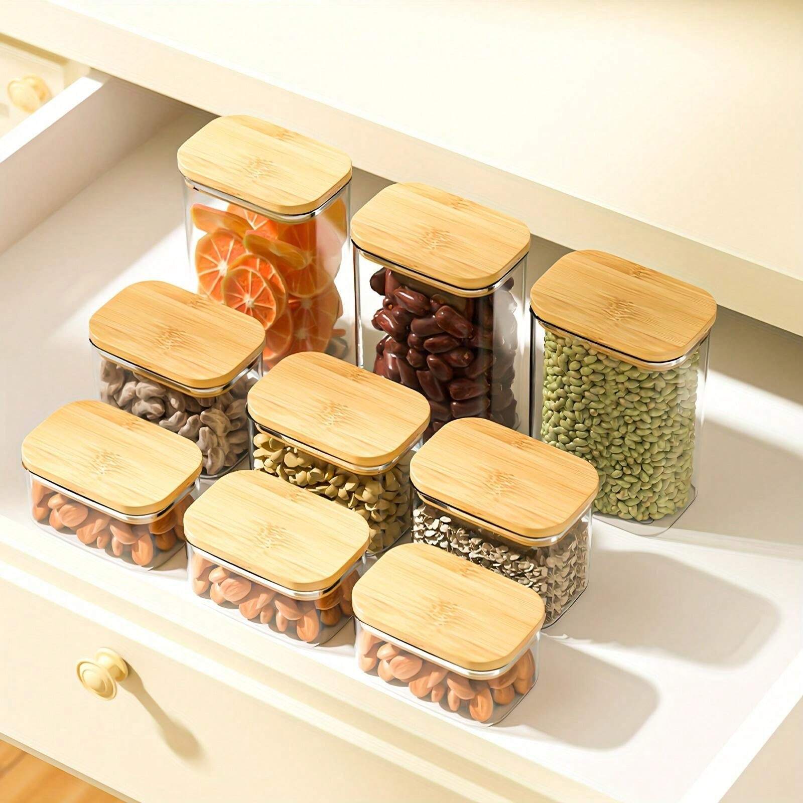 6pcs Airtight Plastic Storage Canister With Wood Lid, Clear Food