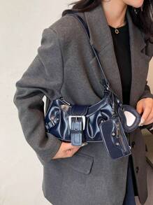 Dedoo Retro Bag 1PC Y2K Gothic Fashionable Type Rivet Decoration Vintage Block Decoration Women's Shoulder Bags And Shoulder Botes Are Adjusted For Daily Travel,Fashionable Niche Design, Steampunk, Goth,Bag For Women, Cool Girls Street Wear,Peferct For Music Festival, Concert, Rock Style Bag For Women - 藏蓝色 - 查看 2