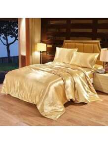 Juego de cama de seda de satén para cama Queen o King, que incluye edredón, cobertor, sábana plana y sábana ajustable - Marrón - Ver 1