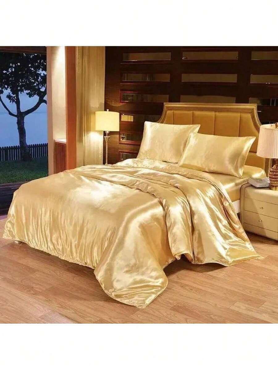 Juego de cama de seda de satén para cama Queen o King, que incluye edredón, cobertor, sábana plana y sábana ajustable - Marrón - Ver 1