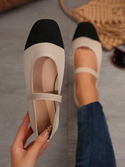 2025 Autumn Women Casual Soft Bottom Square Toe Elastic Band Patchwork Flat Shoes, Suitable For Indoor And Outdoor Wear