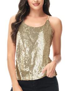 Women's Scoop Neck Razer Back Sequin Spaghetti Strap Camisole Tank Top Blouse - Yellow - View 1