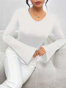 Áo thun tay chuông thanh lịch cho nữ, áo phông đơn giản, phù hợp cho mùa xuân và mùa thu - trắng - Xem 2