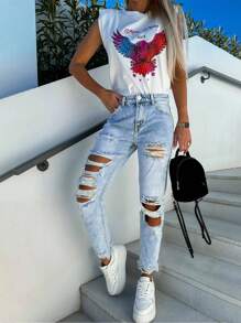 女士休闲通勤破洞修身妈妈牛仔裤，秋季 - 藍色 - 查看 4