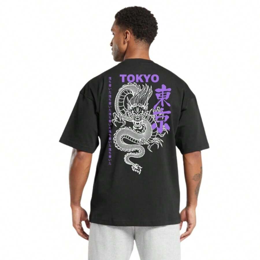 Men's Oversized Streetwear Cotton T-Shirt Ideal For Gym And Sports Round Neck Prints - 黑色 - 查看 1