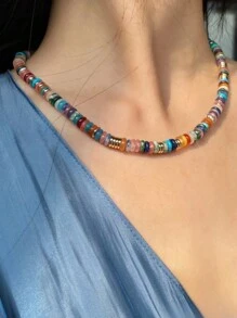 Collar de piedras naturales con cuentas de estilo bohemio en color dopamina, cadena de clavícula dulce y elegante para mujeres, adecuado para vacaciones de primavera/verano y uso diario