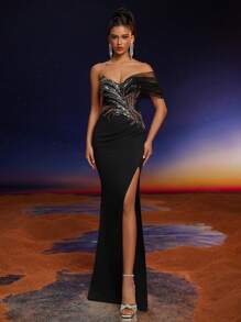 Robe de soirée longue moulante à épaules en maille Anymoon, robe pour mariage, événement, fête, invitée, robe de cérémonie